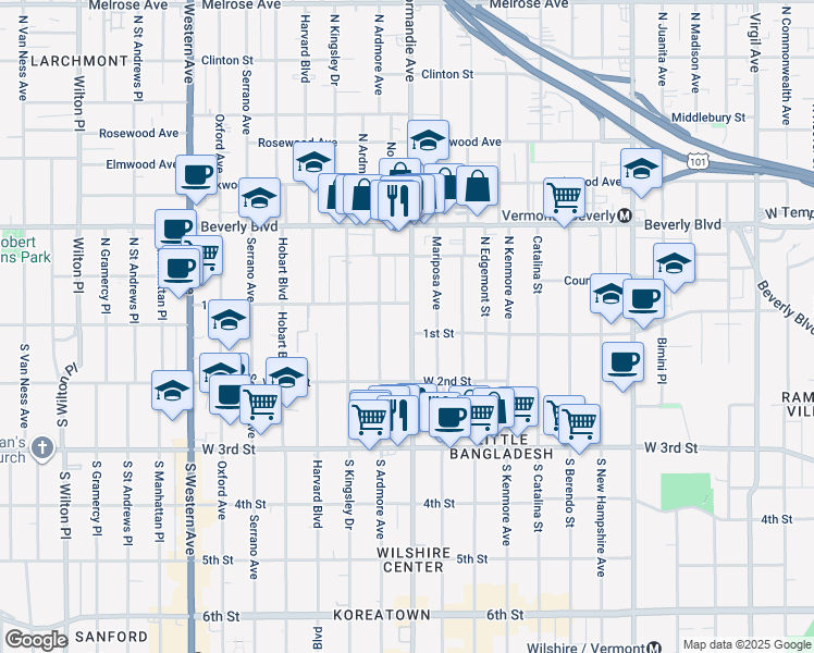 map of restaurants, bars, coffee shops, grocery stores, and more near 106 Normandie Avenue in Los Angeles