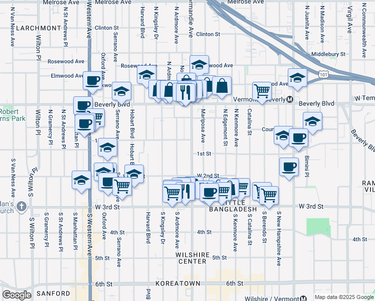 map of restaurants, bars, coffee shops, grocery stores, and more near 106 Normandie Avenue in Los Angeles