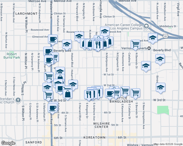 map of restaurants, bars, coffee shops, grocery stores, and more near 143 South Ardmore Avenue in Los Angeles