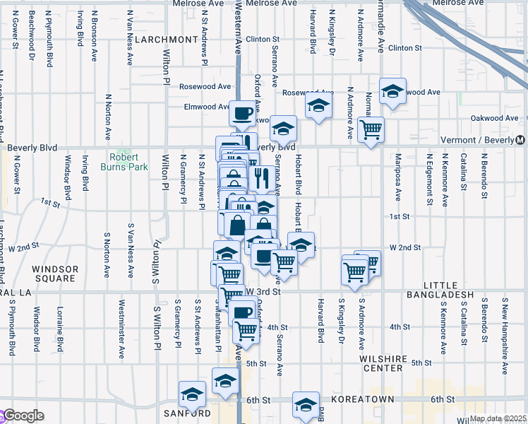 map of restaurants, bars, coffee shops, grocery stores, and more near 137 South Oxford Avenue in Los Angeles