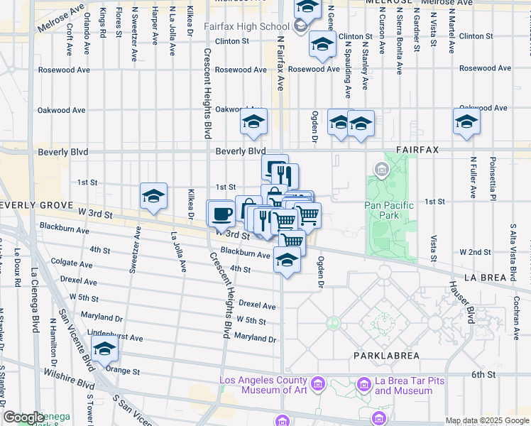 map of restaurants, bars, coffee shops, grocery stores, and more near 156 South Hayworth Avenue in Los Angeles