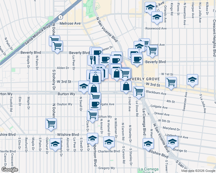 map of restaurants, bars, coffee shops, grocery stores, and more near 8665 Burton Way in Los Angeles