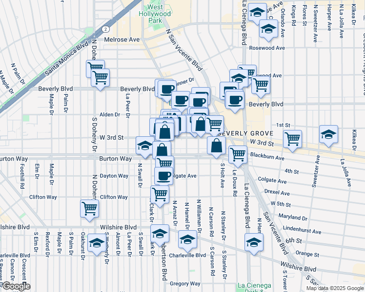 map of restaurants, bars, coffee shops, grocery stores, and more near 8665 Burton Way in Los Angeles
