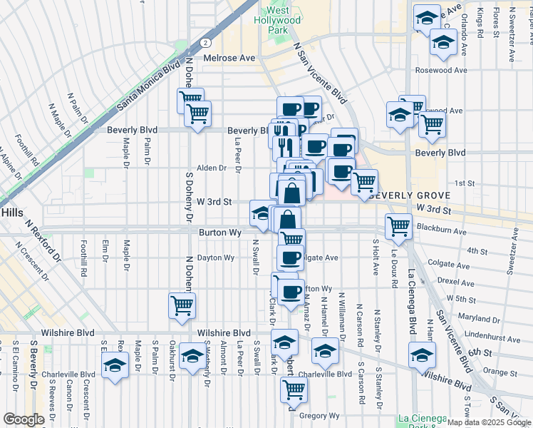map of restaurants, bars, coffee shops, grocery stores, and more near in Beverly Hills