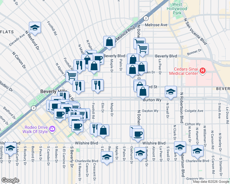 map of restaurants, bars, coffee shops, grocery stores, and more near 318 North Maple Drive in Beverly Hills