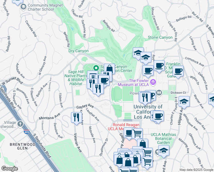 map of restaurants, bars, coffee shops, grocery stores, and more near 350 De Neve Drive in Los Angeles