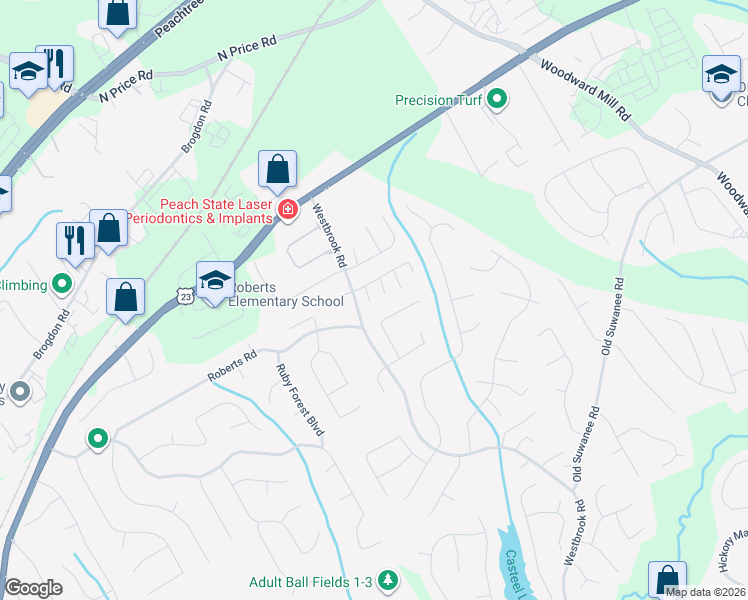 map of restaurants, bars, coffee shops, grocery stores, and more near 4170 Suwanee Oaks Court in Suwanee