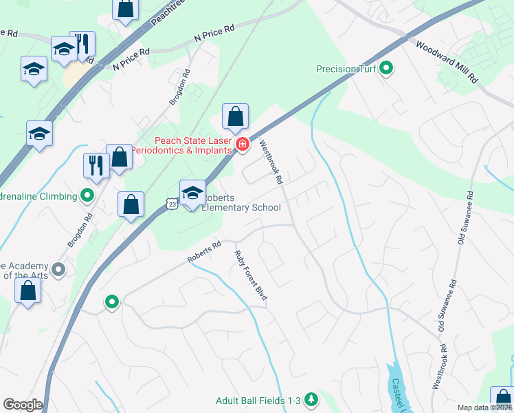 map of restaurants, bars, coffee shops, grocery stores, and more near 371 Creek Manor Way in Suwanee