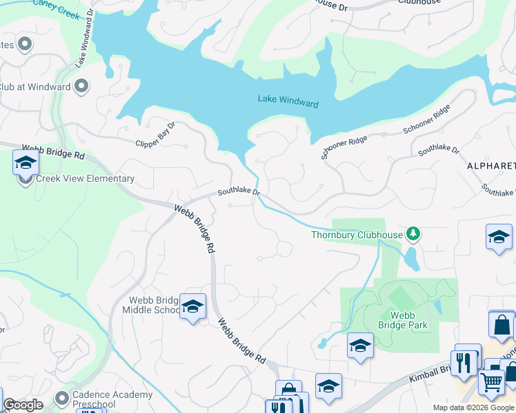 map of restaurants, bars, coffee shops, grocery stores, and more near 100 Westchester Way in Alpharetta