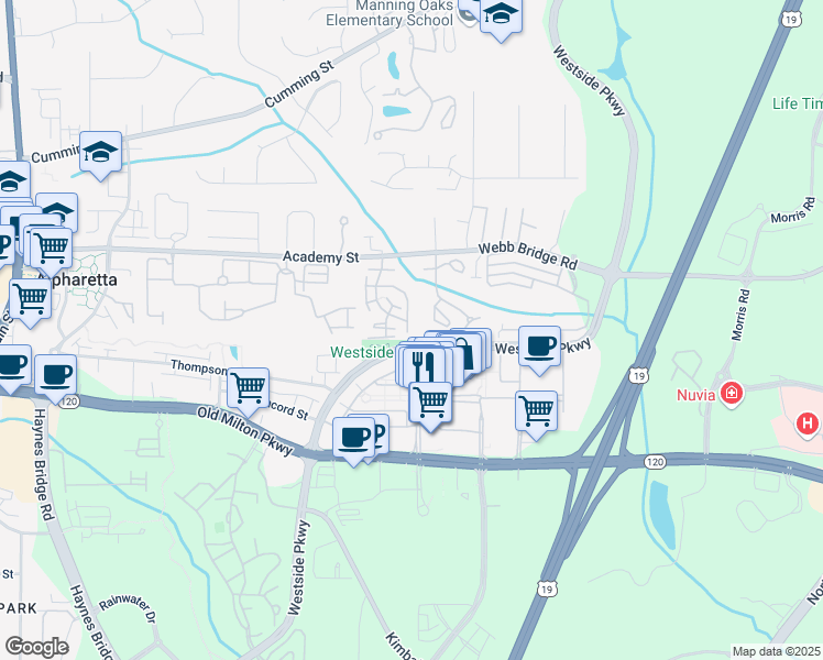 map of restaurants, bars, coffee shops, grocery stores, and more near 2380 Newport Landing in Alpharetta