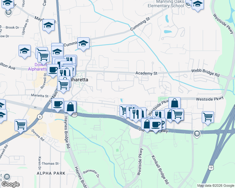 map of restaurants, bars, coffee shops, grocery stores, and more near 12310 Dancliff Trce in Alpharetta