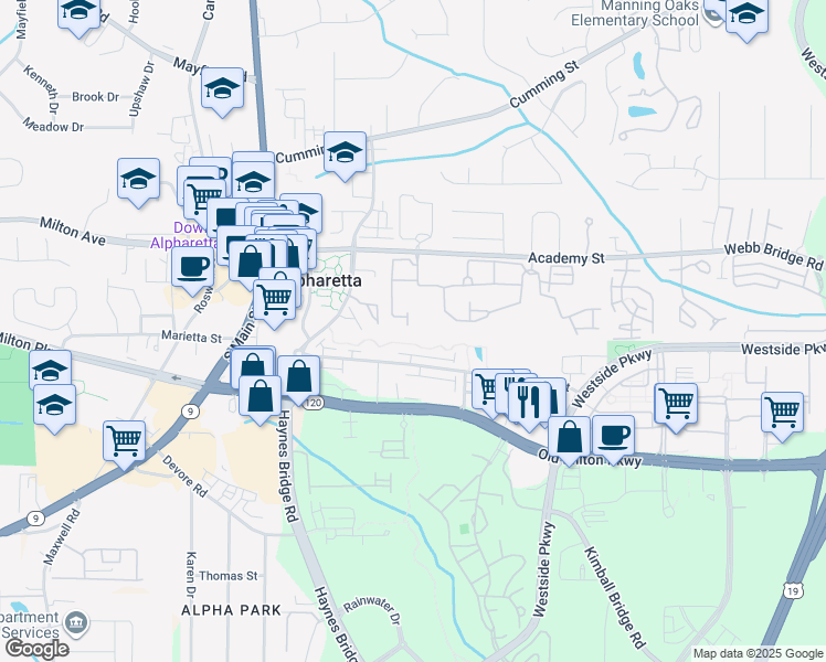 map of restaurants, bars, coffee shops, grocery stores, and more near 164 Thompson Street in Alpharetta