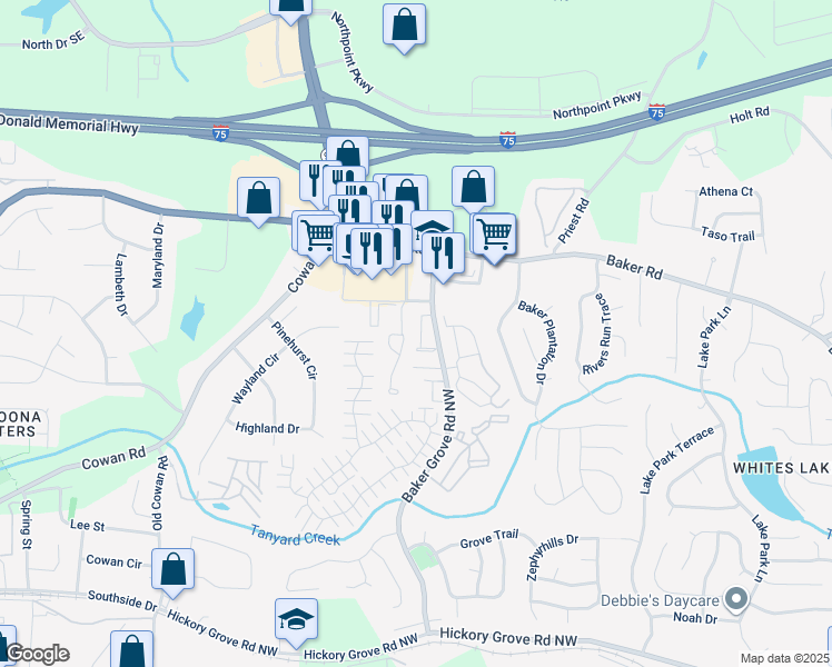 map of restaurants, bars, coffee shops, grocery stores, and more near 4966 Parke Brook Drive in Acworth