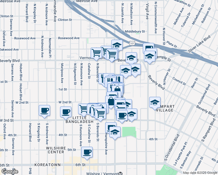 map of restaurants, bars, coffee shops, grocery stores, and more near 100 North New Hampshire Avenue in Los Angeles