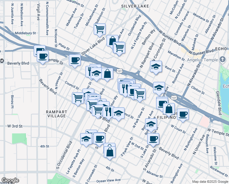 map of restaurants, bars, coffee shops, grocery stores, and more near 2710 West Temple Street in Los Angeles