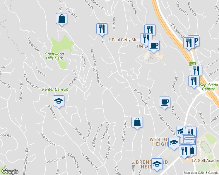 map of restaurants, bars, coffee shops, grocery stores, and more near 650 North Tigertail Road in Los Angeles