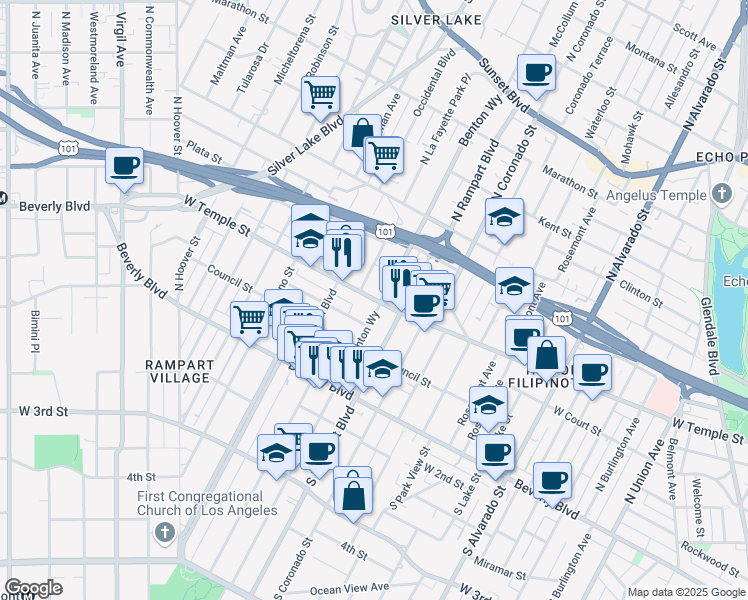 map of restaurants, bars, coffee shops, grocery stores, and more near 2710 West Temple Street in Los Angeles