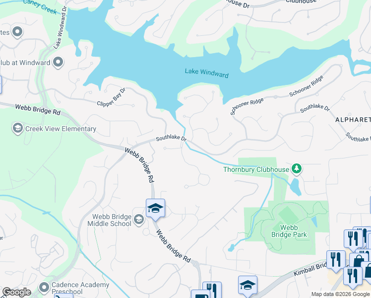 map of restaurants, bars, coffee shops, grocery stores, and more near 100 Westchester Way in Alpharetta