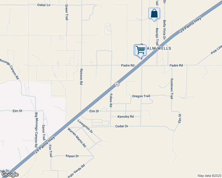 map of restaurants, bars, coffee shops, grocery stores, and more near 29 Palms Highway in Morongo Valley