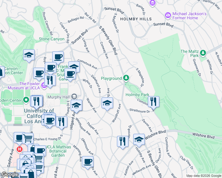 map of restaurants, bars, coffee shops, grocery stores, and more near 480 Loring Avenue in Los Angeles