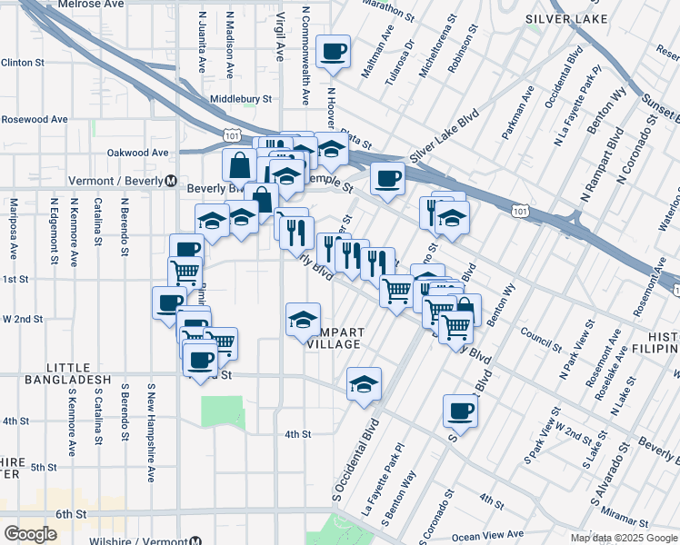 map of restaurants, bars, coffee shops, grocery stores, and more near 3224 Beverly Boulevard in Los Angeles