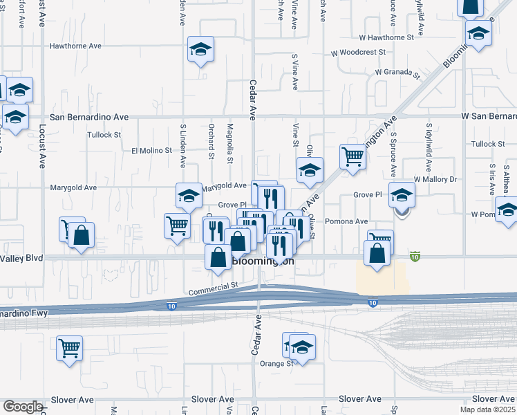 map of restaurants, bars, coffee shops, grocery stores, and more near 9971 Cedar Avenue in Bloomington