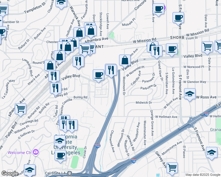 map of restaurants, bars, coffee shops, grocery stores, and more near 2334 Highbury Avenue in Los Angeles