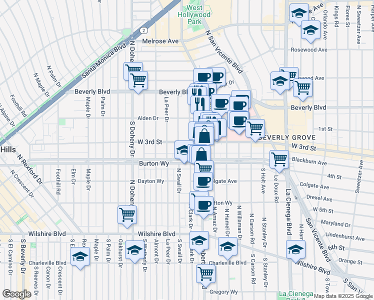 map of restaurants, bars, coffee shops, grocery stores, and more near 8811 Burton Way in West Hollywood