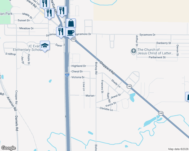 map of restaurants, bars, coffee shops, grocery stores, and more near 1003 Victoria Drive in Burkburnett
