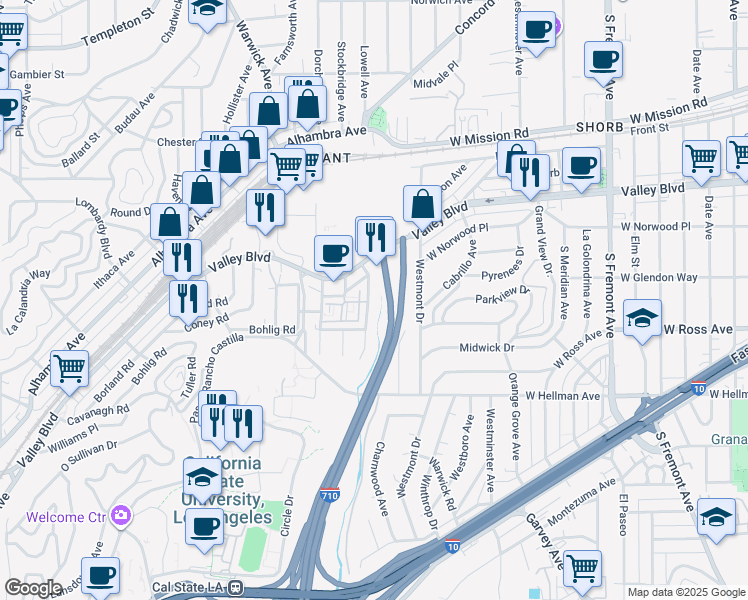map of restaurants, bars, coffee shops, grocery stores, and more near 2334 Highbury Avenue in Los Angeles