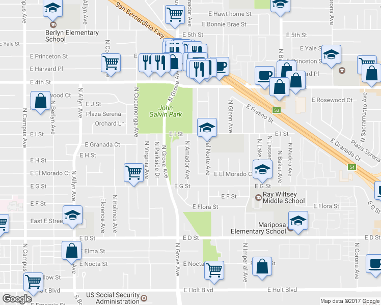 map of restaurants, bars, coffee shops, grocery stores, and more near 816 North Amador Avenue in Ontario