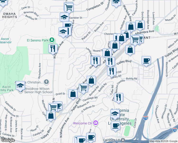 map of restaurants, bars, coffee shops, grocery stores, and more near 5126 Ithaca Avenue in Los Angeles