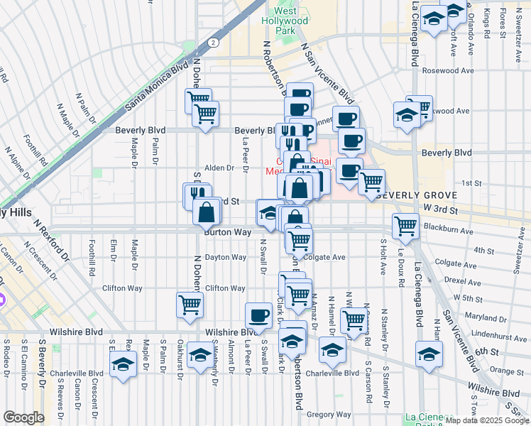 map of restaurants, bars, coffee shops, grocery stores, and more near 320 South Swall Drive in Los Angeles