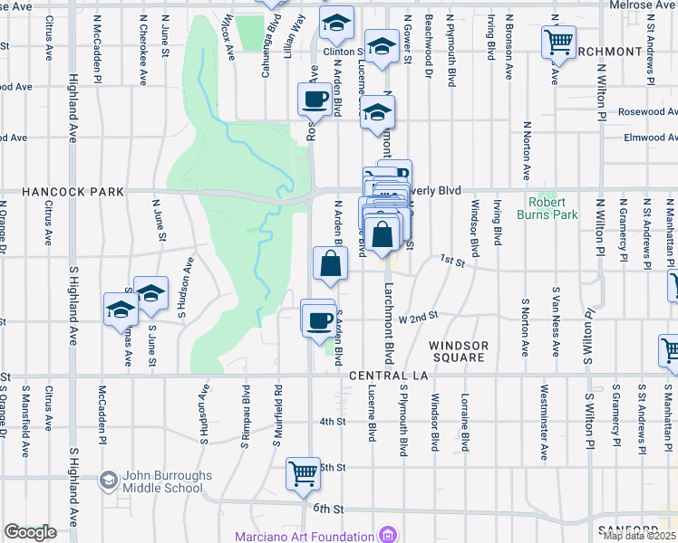map of restaurants, bars, coffee shops, grocery stores, and more near 5198 1st Street in Los Angeles