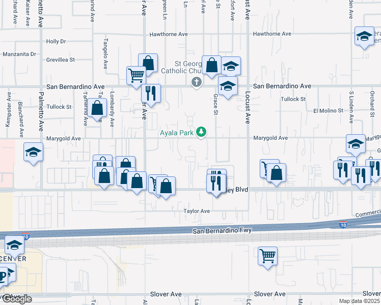 map of restaurants, bars, coffee shops, grocery stores, and more near 17897 Marygold Avenue in Bloomington