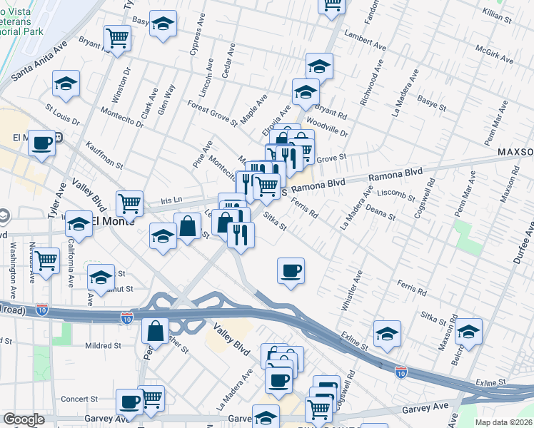 map of restaurants, bars, coffee shops, grocery stores, and more near 11663 Sitka Street in El Monte