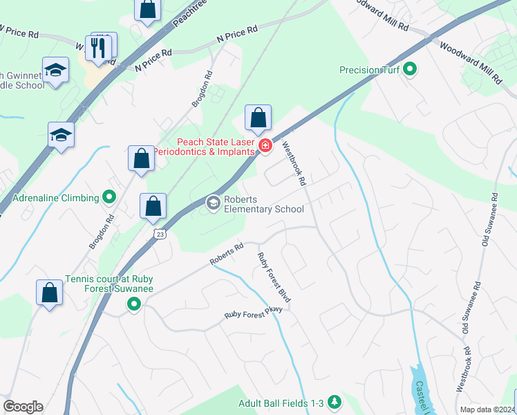 map of restaurants, bars, coffee shops, grocery stores, and more near 295 Creek Manor Way in Suwanee