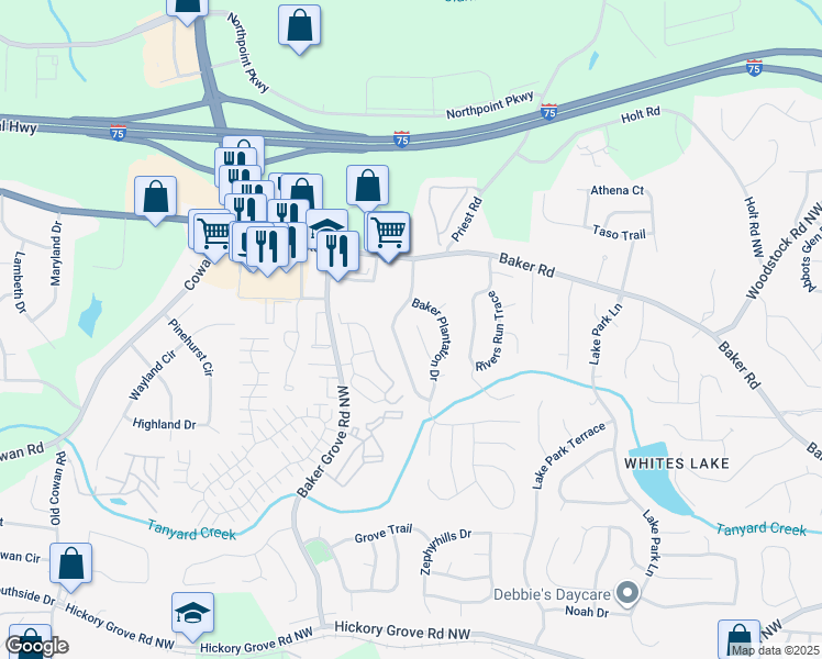 map of restaurants, bars, coffee shops, grocery stores, and more near 4913 Baker Ridge Place in Acworth