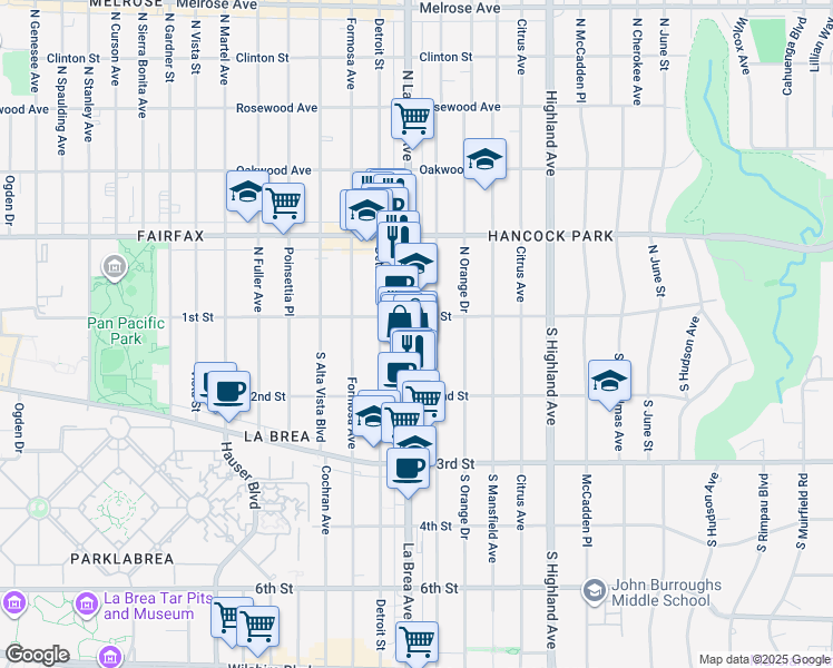 map of restaurants, bars, coffee shops, grocery stores, and more near 126 South La Brea Avenue in Los Angeles
