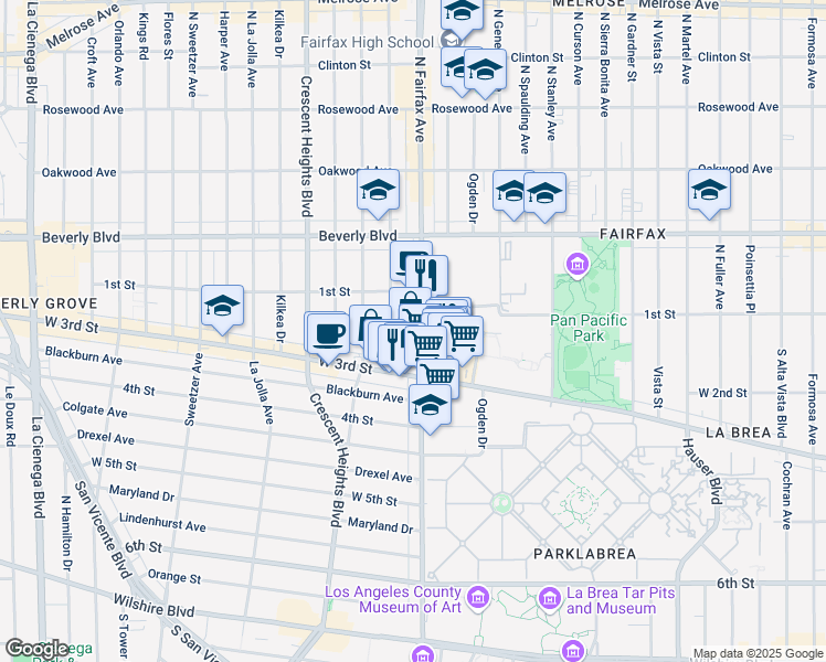 map of restaurants, bars, coffee shops, grocery stores, and more near 156 South Hayworth Avenue in Los Angeles