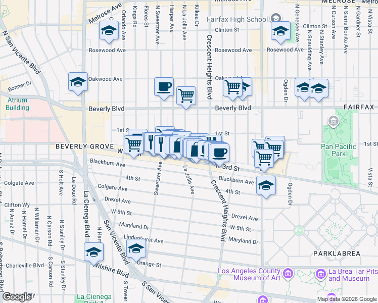 map of restaurants, bars, coffee shops, grocery stores, and more near 138 South La Jolla Avenue in Los Angeles