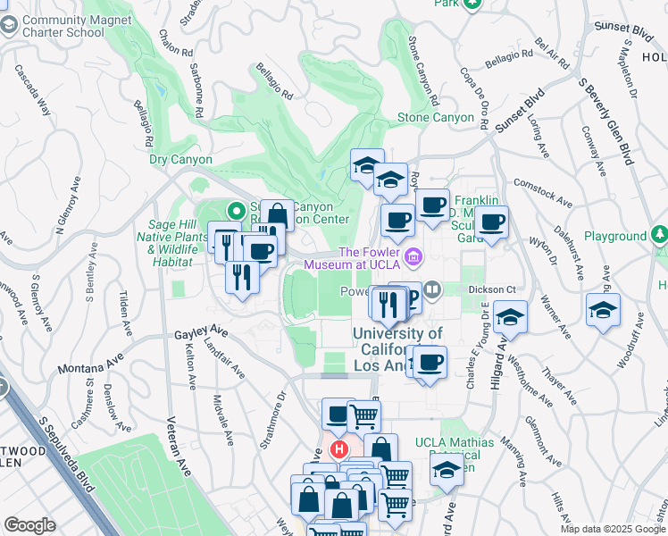 map of restaurants, bars, coffee shops, grocery stores, and more near Charles E Young Drive North in Los Angeles