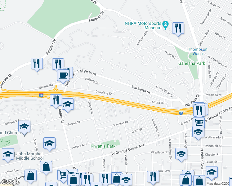 map of restaurants, bars, coffee shops, grocery stores, and more near 1124 Douglass Drive in Pomona
