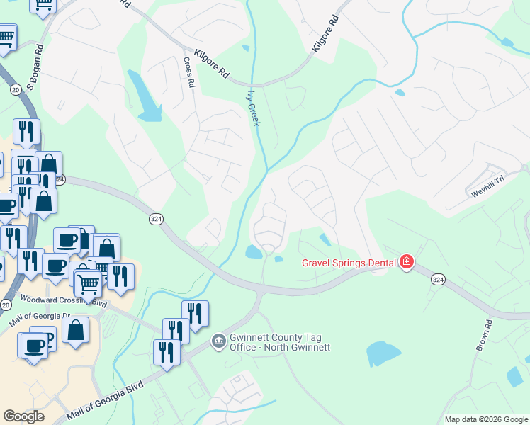 map of restaurants, bars, coffee shops, grocery stores, and more near 2115 Waterleaf Drive in Buford