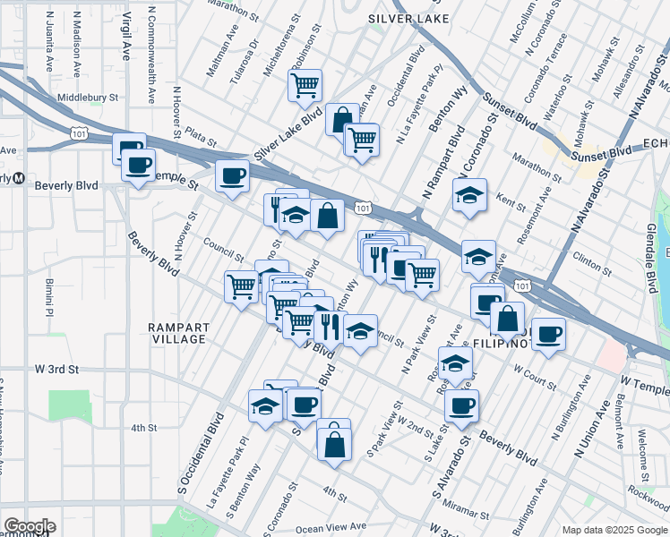 map of restaurants, bars, coffee shops, grocery stores, and more near 2730 West Temple Street in Los Angeles
