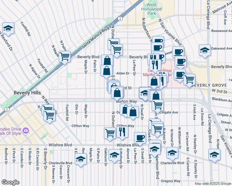 map of restaurants, bars, coffee shops, grocery stores, and more near 300 South Doheny Drive in Los Angeles