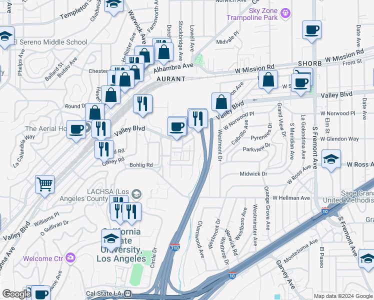 map of restaurants, bars, coffee shops, grocery stores, and more near 5500 Dobbs Street in Los Angeles