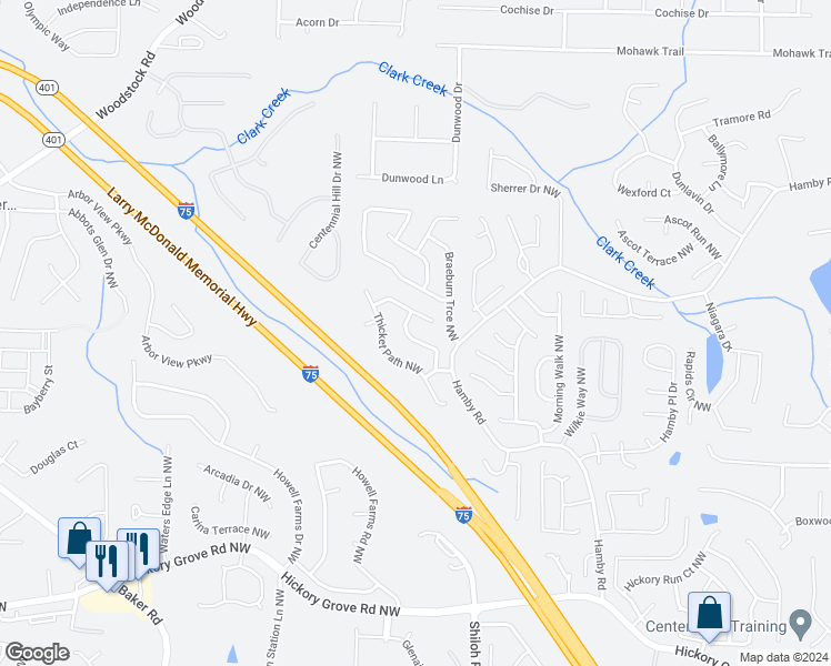 map of restaurants, bars, coffee shops, grocery stores, and more near 4936 Heards Forest Drive Northwest in Acworth