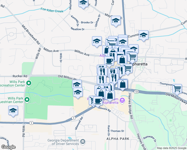 map of restaurants, bars, coffee shops, grocery stores, and more near 210 Marjean Way in Alpharetta