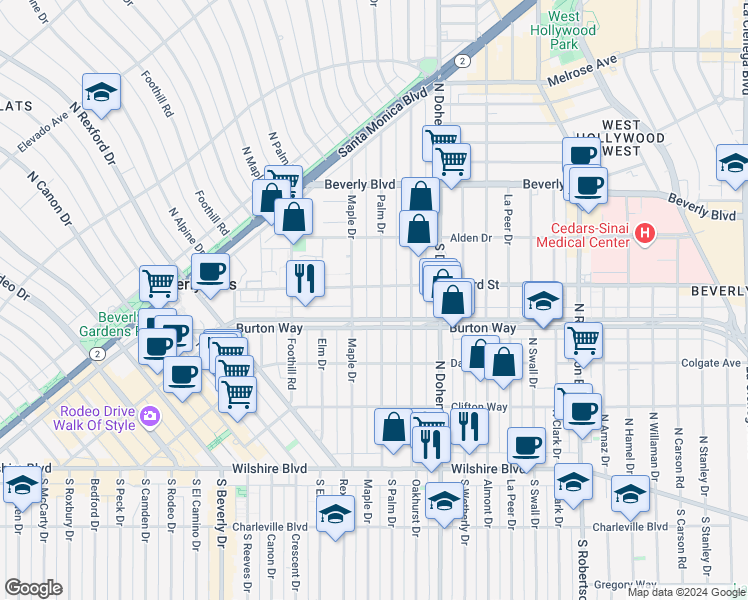 map of restaurants, bars, coffee shops, grocery stores, and more near 325 North Palm Drive in Beverly Hills